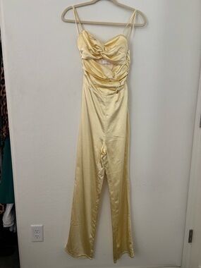 Meshki XXS Butter Yellow Satin Jumpsuit Wide Leg Open Back